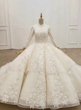 Champagne Ball Gown Tulle Appliques Long Sleeve Wedding Dress